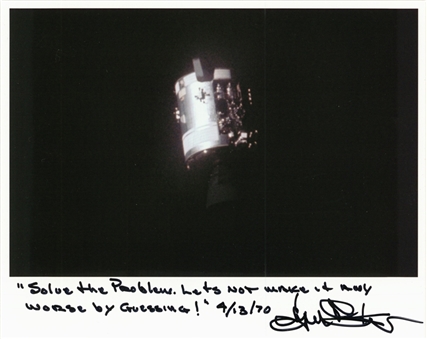 Gene Kranz Signed & "Solve the Problem..." Inscribed 8x10 Photo of Damaged Apollo 13 Service Module (JSA)